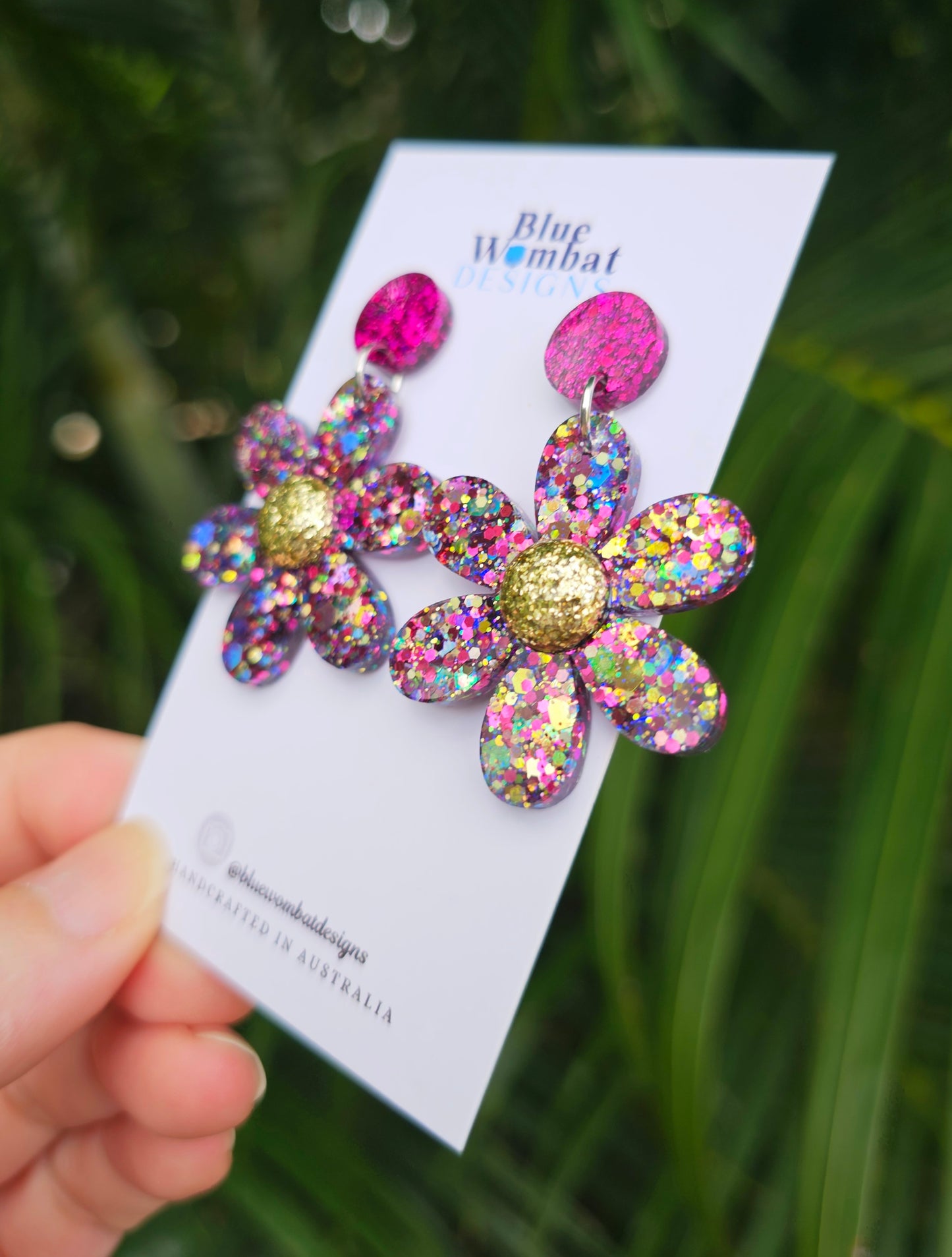 Colourful Glitter Flower Resin Dangle Statement Earrings