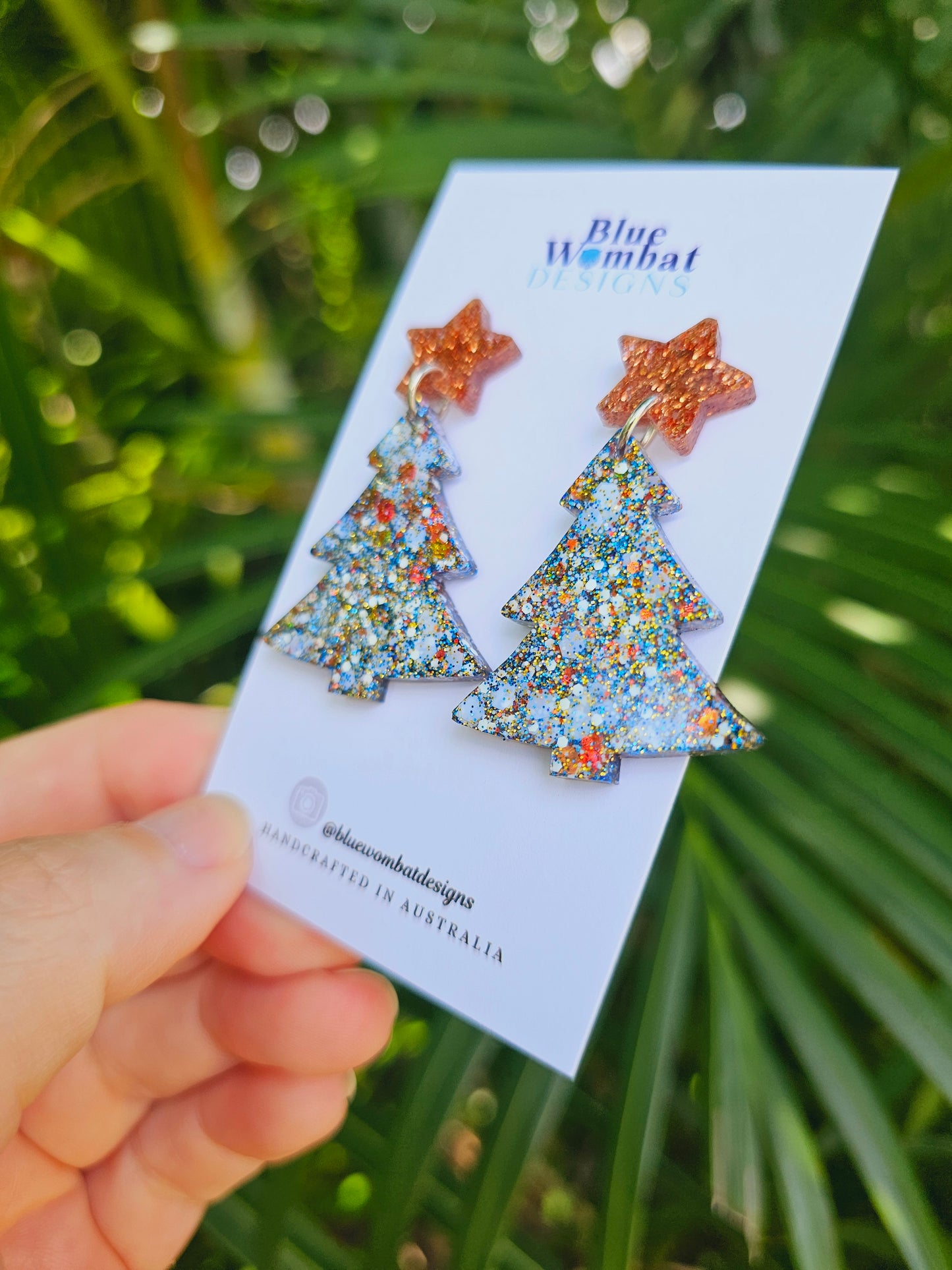 Christmas Tree Glitter Resin Dangle Earrings Handmade