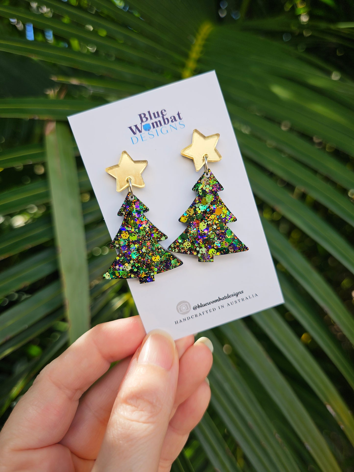 Christmas Tree Glitter Resin Dangle Earrings Handmade