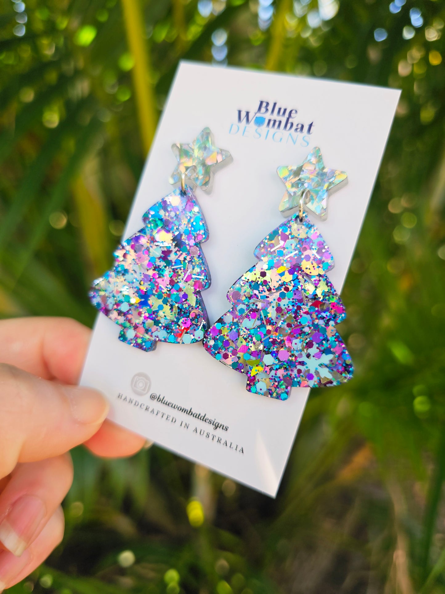 Christmas Tree Glitter Resin Dangle Earrings Handmade