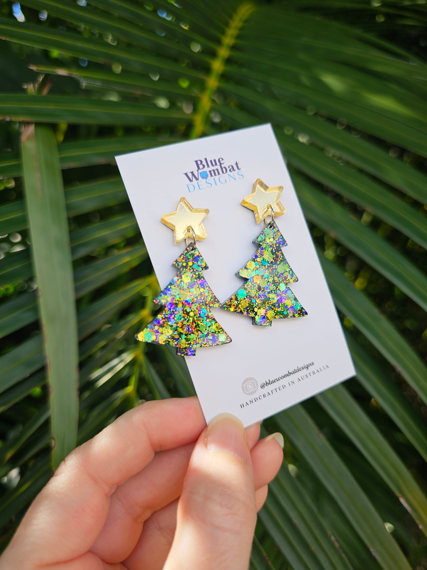 Christmas Tree Glitter Resin Dangle Earrings Handmade