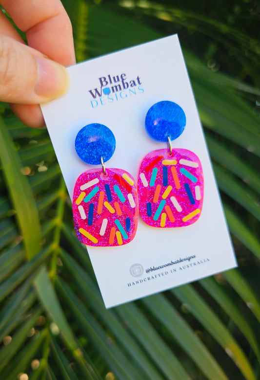 Colourful Sprinkle Pink Glitter Domed Dangle Earrings