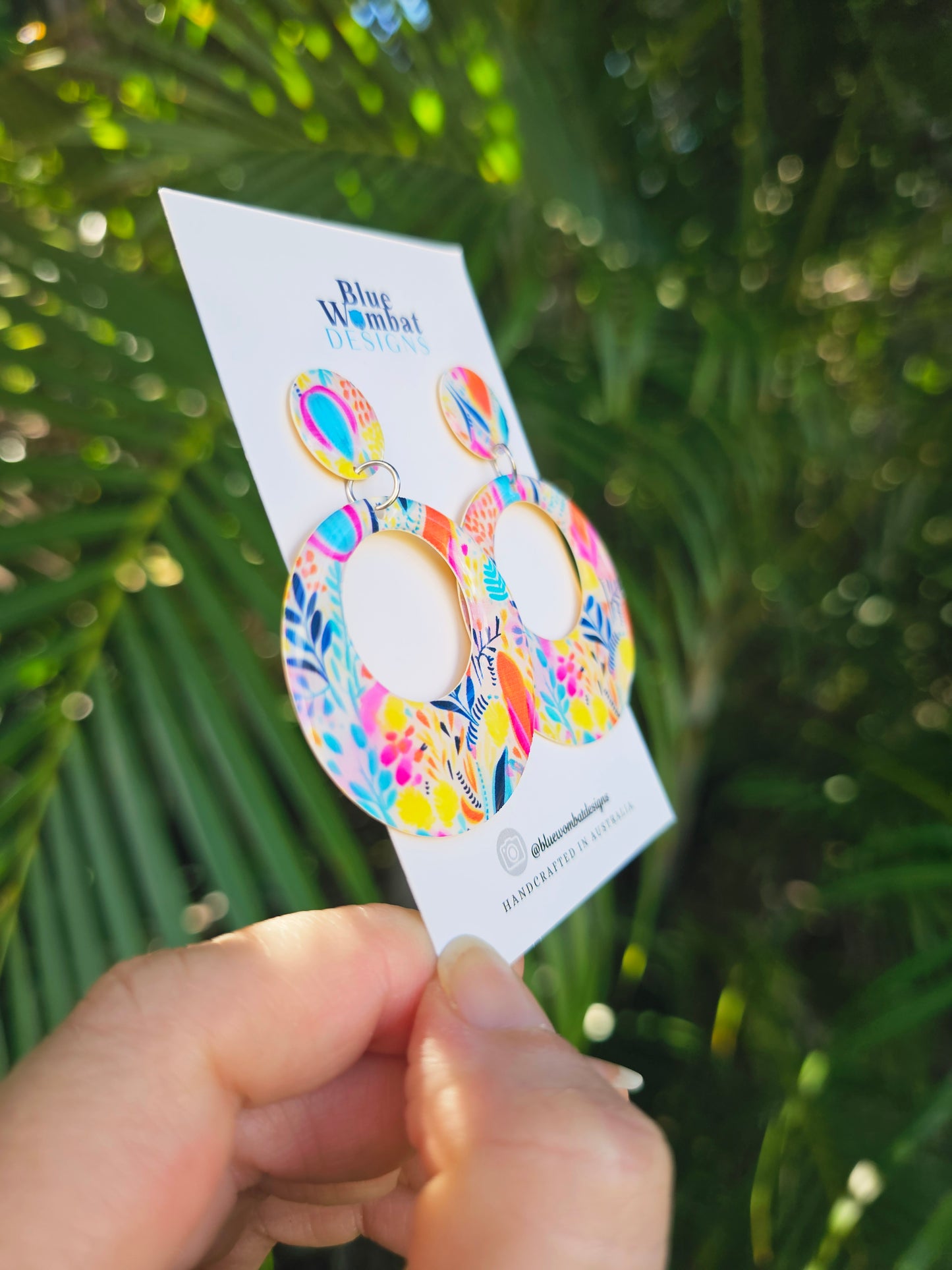 Floral Round Hoop Resin Yupo Paper Dangle Earrings