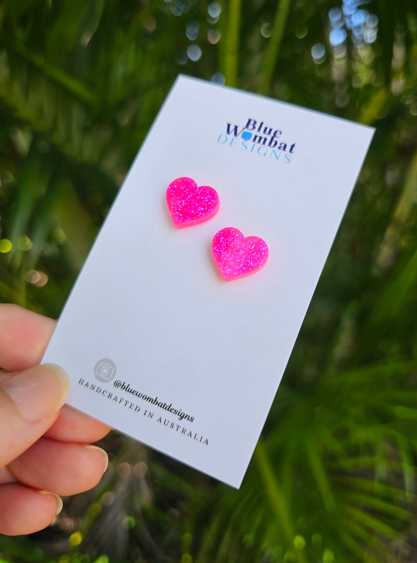 Hot Pink Love Heart Glitter Resin Small Stud Earrings